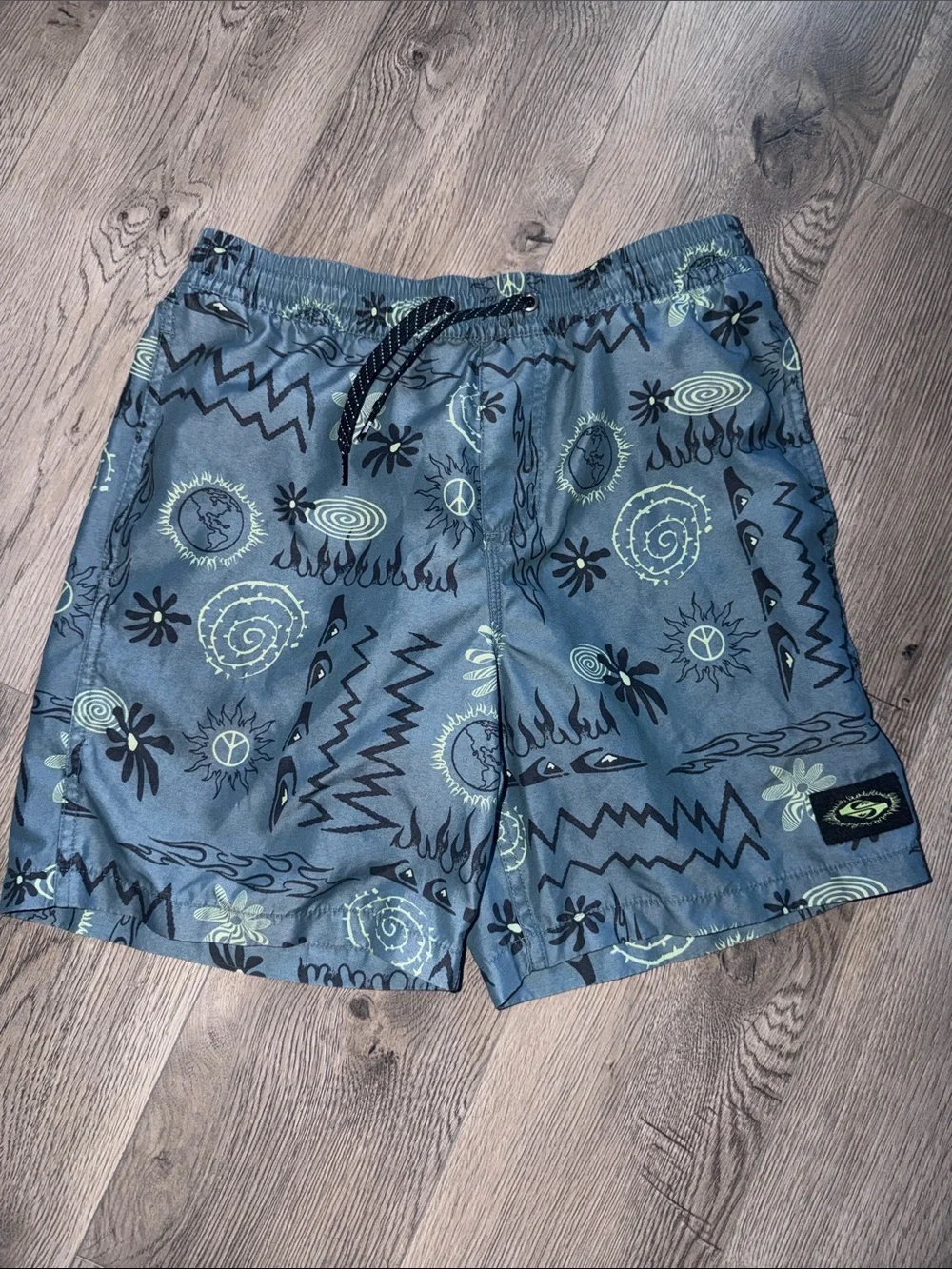 Quiksilver Boys Blue Graphic Swim Trunks with Lime Accents